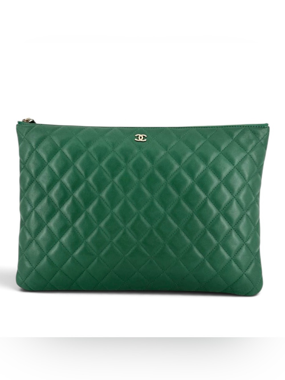 CHANEL Quilted Lambskin Casino O-Case Clutch Green Series 22 with Dust Bag COA